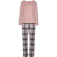 H.I.S. Pyjama H.I.S, Damen, Gr. 42, bunt (rosa, rosa, grau, kariert), Single Jersey, Obermaterial: 100% Baumwolle, kariert, mehrfarbig, Basic lang, Rundhals, Homewear-Sets Pyjama, mit karierter Schlafhose