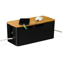 Relaxdays Kabelbox für 2 Steckdosenleisten, Bambusdeckel, Kunststoff, HBT: 13x31x14 cm, Kabel verstecken, schwarz/natur