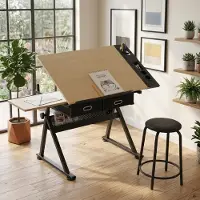 ALFORIGO Zeichentisch 69–91 cm hoch, MDF-Platte, 0–75° neigbar, mit Hocker und 2 Stoffschubladen, Schreibtisch als Arbeitstisch in Ahornoptik