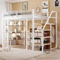 ALFORIGO Hochbett 140 x 200 cm aus Eisen mit Schreibtisch/Stauraumtreppe – Metallbett mit wechselbarem Aufstieg, Bettgestell in der Farbausführung Weiß