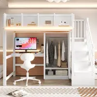 ALFORIGO Hochbett 90 x 200 cm mit LED/Schreibtisch – Stauraumbett mit Kleiderschrank, Steckdose und Ablagen am Geländer, Bettgestell in der Farbe Weiß