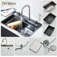 StarTech.com Küchenspüle - Doppelbecken 7546 - Edelstahl - Unterbaumontage - Gebürstete Oberfläche - 4 Löcher mit Wasserfallarmatur und Digitalanzeige - Grau