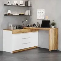 Merax Schreibtisch mit Sideboard auf Rollen, 4 cm dicke Tischplatte, Eckschreibtisch mit 6 Schubladen und 2 Schrankfächern, Weiß und Natur