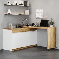 Merax Schreibtisch mit Rollcontainer, drehbare 4 cm Tischplatte, Eckschreibtisch mit 3 Schubladen und 3 Türen, Sideboard, Weiß und Natur