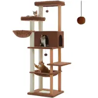 StarTech.com Katzenkratzbaum für Wohnungskatzen - 186 cm hoch - 5+ Ebenen - Holz - Sisal-Kratzstamm - Geräumige Katzenhöhle und Hängematte - Braun