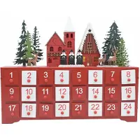 Zimilo Adventskalender aus Holz mit 24 Schubladen und LED-Beleuchtung, Weihnachtskalender mit 3D-Winterlandschaft als festliche Weihnachtsdeko, Rot