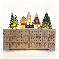 Zimilo Adventskalender aus Holz mit 24 Schubladen und LED-Beleuchtung, Weihnachtskalender mit 3D-Winterlandschaft als festliche Weihnachtsdeko, Khaki