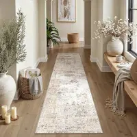 Sonstiges Läufer Teppich Beige Grau 80x300cm Waschbar Niedriger Stapel