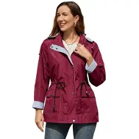 Merkloos Damen Wasserdichte Outdoor Hoodie Lange Regenjack Leicht Bordeaux