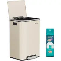 Songmics Mülleimer 50 L, Stahl, mit Deckel, Softclose, 15 Müllsäcke – cremefarben