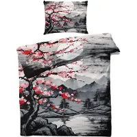 Merkloos Omgoods – Bettwäsche-Set im japanischen Stil – Kirschblüten und Berge, 135 x 200 cm