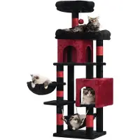 Merkloos Katzenbaum Kratzbaum Katzenkratzbaum - Großes Plattform - 2 Höhlen - Schwarz und Rot - 6 Sisal-Kratzsäulen