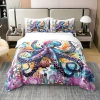 Merkloos Elzusha - Bettbezug-Set "Oktopus", 100% Baumwolle, für Kinder, Größe: Doppel, Farbe: Grau-Violett