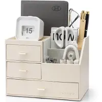 Merkloos Schreibtischorganizer Stiftehalter Kosmetikorganizer - 21,4 x 14,6 x 16,2 cm - Kunstleder - Beige - Mit drei Schubladen