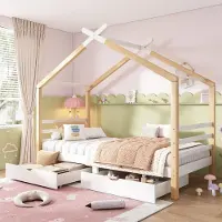 ALFORIGO Hausbett Kinderbett 90x200 cm mit Schubladen und Lattenrost, Kiefer-Massivholz und MDF, bodennahes Design, Weiß/Holzfarbe