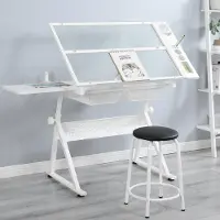 ALFORIGO Zeichentisch 31,5–49,5 Zoll hoch, Glas/Stahl, 0–75° neigbar, Schreibtisch als Arbeitstisch mit Stuhl und Ablagen unter der Glasplatte, Weiß