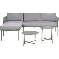 Beliani Lounge Set Grün Metall 3-Sitzer mit Auflagen Grau Rechtsseitig Gartensofa mit 2 Tischen Ecklounge Gartenlounge Gartenmöbel