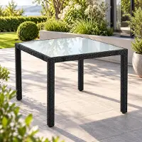 Mendler Poly-Rattan Tisch HWC-F50, Esstisch Tisch mit Glasplatte, 76x90x90cm, schwarz
