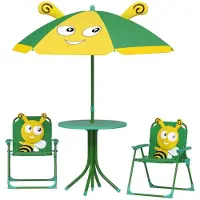 Moonbite Bienen-Kinder-Gartenmöbel 4-teilig, runder Tisch, 2 Faltstühle, Schirm 86-122 cm höhenverstellbar, kippsichere Beine, Polyester, Grün
