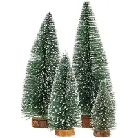 Merkloos Miniatur Weihnachtsbaum Mini-Ornamente - Schnee mit Holzsockel - 4 Stück - Grün