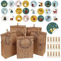 Merkloos Adventskalender zum Befüllen, Adventskalenderbox – 24 Stück – Aus braunem Papier – Mit Zahlenaufklebern und Holz-Klemmern