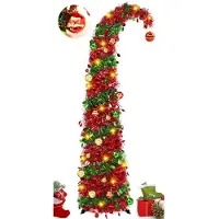 Merkloos Weihnachtsbaum mit Beleuchtung – Ausklappbarer Baum, 150 cm – Gebogener Form – 60 LED-Leuchten – 15 Dekorationen