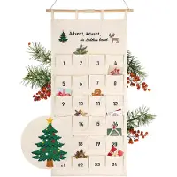 Merkloos Adventskalender zum Befüllen – Textil – 24 Taschen, 12 x 13 cm – Beige – Mit gestickten Motiven und einem Adventsgedicht – Praktisch, wiederverwendbar und waschbar