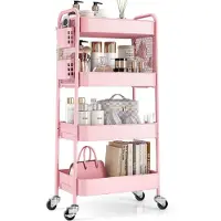 Merkloos Rollbarer Aufbewahrungswagen – Wagen mit 4 Etagen – Perforierte Paneele und Haken – Rosa – 43,94 x 30,48 x 93,98 cm – Für Küche, Büro und Wohnzimmer