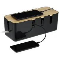 Merkloos Aufbewahrungsbox für Steckdosenleisten – Mit Holzdeckel – Schwarz – 11,5 x 30,5 x 12,5 cm