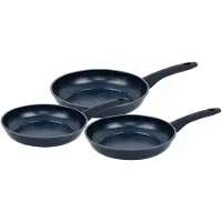 Herzberg HG-04777BLU: Set aus 3 gusseisernen Pfannen mit marmorierter Beschichtung – blau