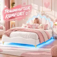 INONEFT Kinderbett Polsterbett 90x200 cm, Prinzessin Einzelbetten mit LED, Mädchen Jugendbett mit verstellbarem Kopfteil, Kronen-Design, PolyurethanWeiß
