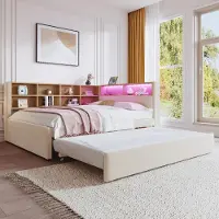 ALFORIGO Schlafsofa 140x200 cm mit Ausziehbett 90x190 cm, LED-Beleuchtung, USB-C Steckdosen und Stauraum, Multifunktionsbett aus Flanell Beige