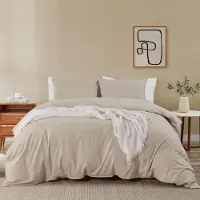 Merkloos Bettbezug-Set, 200 x 220 cm, beige, aus Mikrofaser, mit 2 Kopfbezügen (80 x 80 cm), knitterarm und mit Reißverschluss