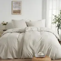 Merkloos Bettbezug-Set, 135x200 cm, mit 2 Kopfkissenbezügen, 80x80 cm, im Leinen-Look, Naturfarbe
