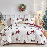 Merkloos Festliches Weihnachts-Bettwäsche-Set mit Hirschmotiv, 220 x 240 cm, inklusive 2 Kopfkissenbezügen 65 x 65 cm