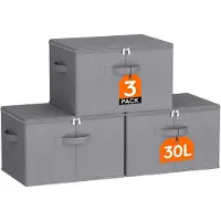 Merkloos Graue, faltbare Aufbewahrungsbox aus Vliesstoff mit Deckel, 30 Liter, 40 x 30 x 25 cm, Set mit 3 Stück