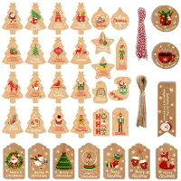 Merkloos Weihnachtsanhänger Geschenkanhänger Adventskalender - 7 x 4 cm - Kraftpapier - 150 Stück mit Jute- und Rot-Weiß-Kordel - Für Geschenke und Adventskalender