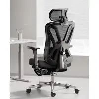 Merkloos Ergonomischer Bürostuhl mit verstellbarer 2D-Lendenwirbelstütze, Kopfstütze und Armlehnen, 135° Neigung, schwarz mit Fußstütze