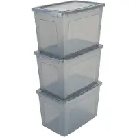 Merkloos Aufbewahrungsbox – 70 Liter – Stapelbar – Set aus 3 Stück – Mit Deckel – Grau – 59,5 x 39,5 x 38,5 cm