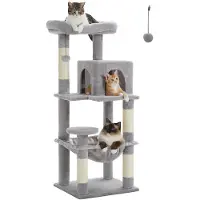 Merkloos Katzenbaum mit Kratzpfosten und Aussichtsturm - 116 cm - Mit Hängematte und Häuschen - Grau - Für ausgewachsene Katzen