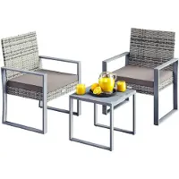Merkloos Gartenset Sitzgruppe Polyrattan - Grau - 2 Stühle mit Kissen und Tisch - Tisch mit WPC-Tischplatte - Für Balkon und Terrasse