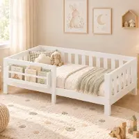 ALFORIGO Kinderbett 90x200 cm mit Rausfallschutz, Bücherregal und Lattenrost mit 12 Latten, weißes Holzbett mit Schutzgittern für Jungen und Mädchen