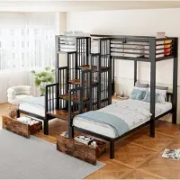 OKWISH Etagenbett 90×200 mit Schutzgeländern,Schubladen,Jugendbett mit Mitteltreppe,Metallbett in Schwarz,ohne Matratze