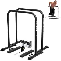 Merkloos Dip-Station für Calisthenics und Krafttraining, aus schwarzem Stahl mit Pulverbeschichtung, mit verstellbaren Halterungen und rutschfesten Füßen