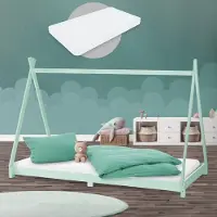 Merkloos Kinderbett in Tipi-Form - 90 x 200 cm - Aus massivem Kiefernholz - Mintgrün - Mit Matratze und Lattenrost