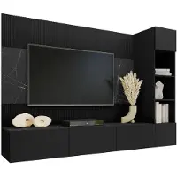 Mirjan 24 Wohnwand Deromi II, Wohnzimmer Möbel Set, Griffloses Öffnungssystem push to open, 3er-Set (Farbe: Schwarz / Schwarz + Schwarz Marmor)