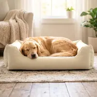 4L Textil MARIO Orthopädisches Hundebett aus Kunstleder mit Visco-Schaumstoff, kratzfest, abwischbar, für mittelgroße Hunde, 100x70 cm, Beige
