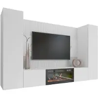 Mirjan 24 Wohnwand Deromi V, Wohnzimmer Möbel Set, mit Kamin, Griffloses Öffnungssystem push to open, 4er-Set (Farbe: Weiß / Weiß + Weiß Marmor)