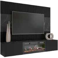 Mirjan 24 Wohnwand Deromi III, Wohnzimmer Möbel Set, Mit Kamin, Griffloses Öffnungssystem push to open, 2er-Set (Farbe: Schwarz / Schwarz + Schwarz Marmor)