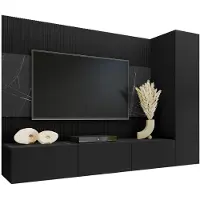 Mirjan 24 Wohnwand Deromi VI, Wohnzimmer Möbel Set, Griffloses Öffnungssystem push to open, 3er-Set (Farbe: Schwarz / Schwarz + Schwarz Marmor)